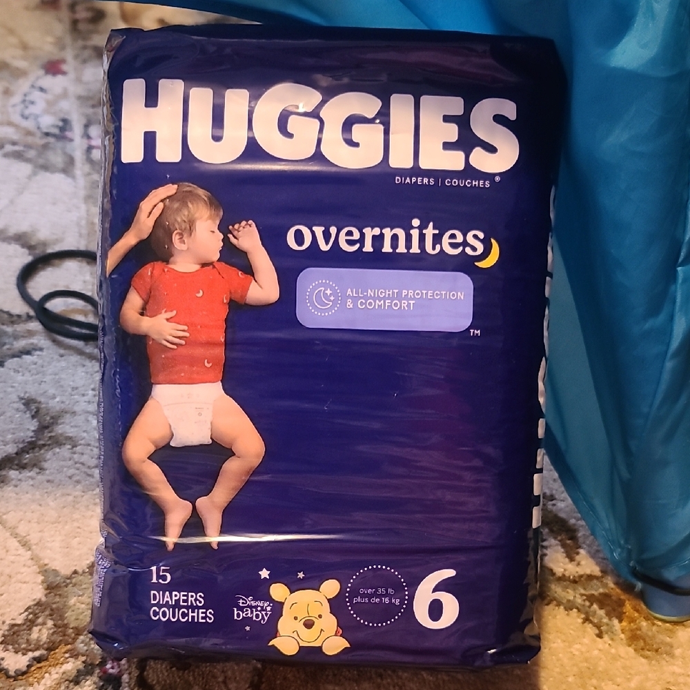 2 for $35- Huggies Overnites - Disney Baby - Size 6 -Over 35 lbs / 16 kg - 15 pk
